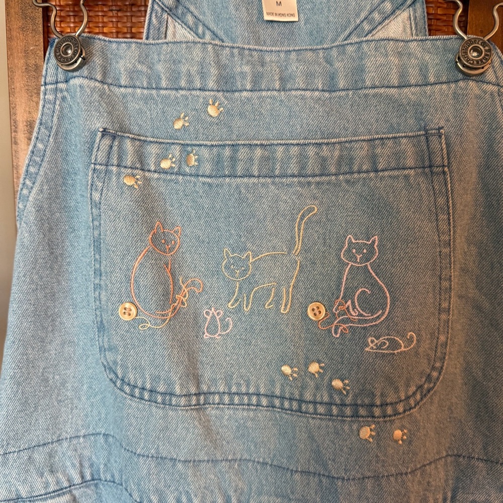 Vintage Christopher & Banks Cute Denim Overalls with Cat Embroidery medium